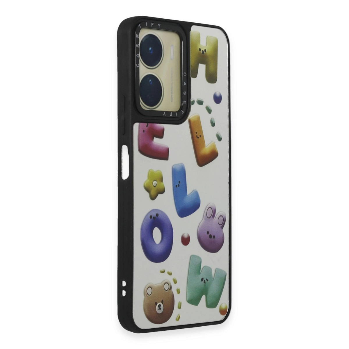 Renkli H, E, L, L, O, W harflerinin bulunduğu siyah telefon kılıfı.