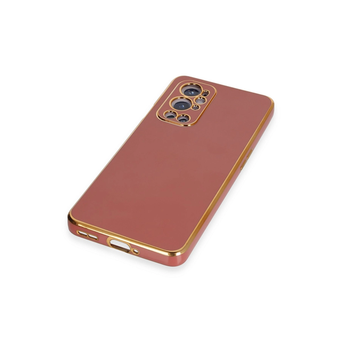 Altın kenarlı ve kamera yuvalı, gül altını renginde telefon kılıfı.
