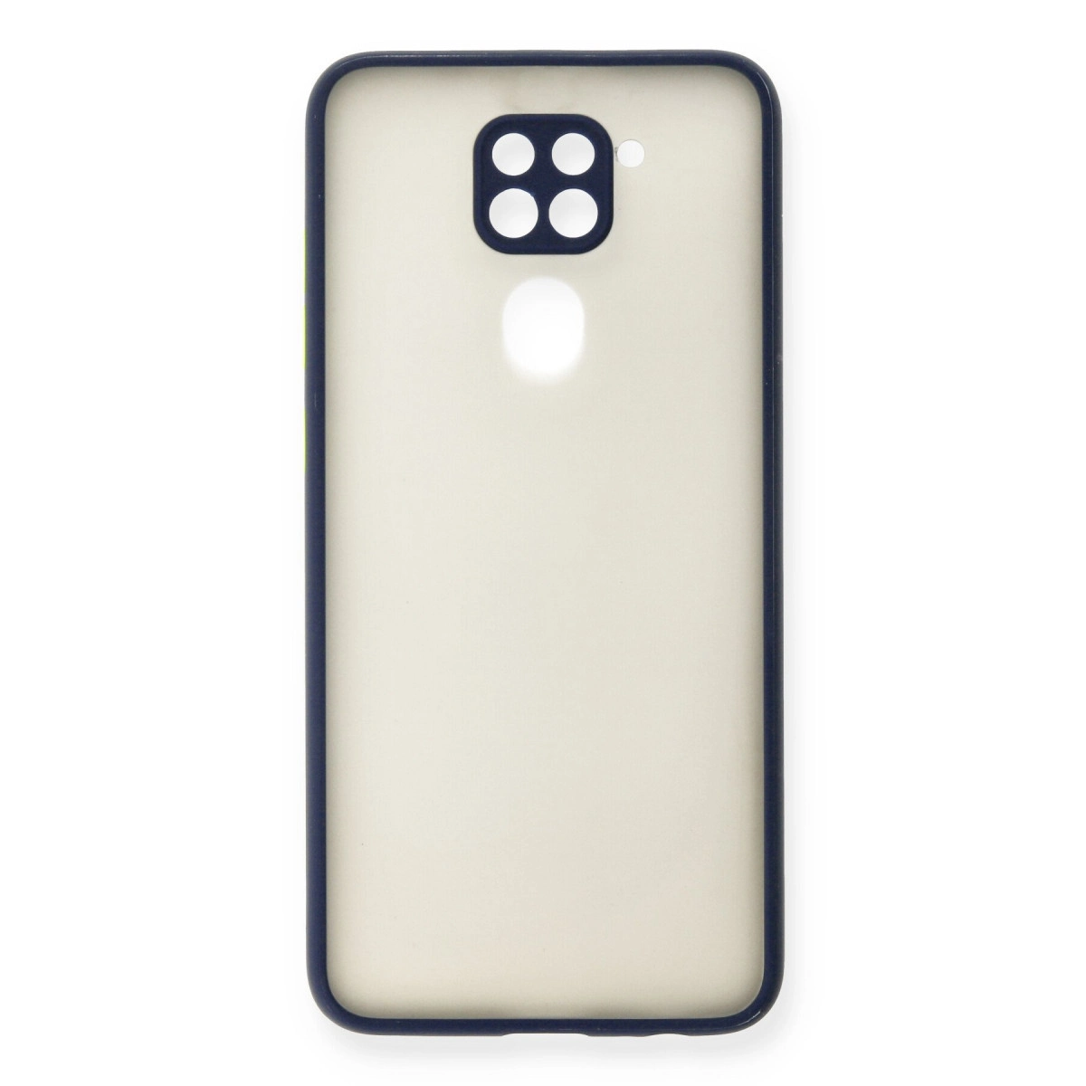 Üstte kamera kesimli, koyu çerçeveli şeffaf telefon kılıfı.