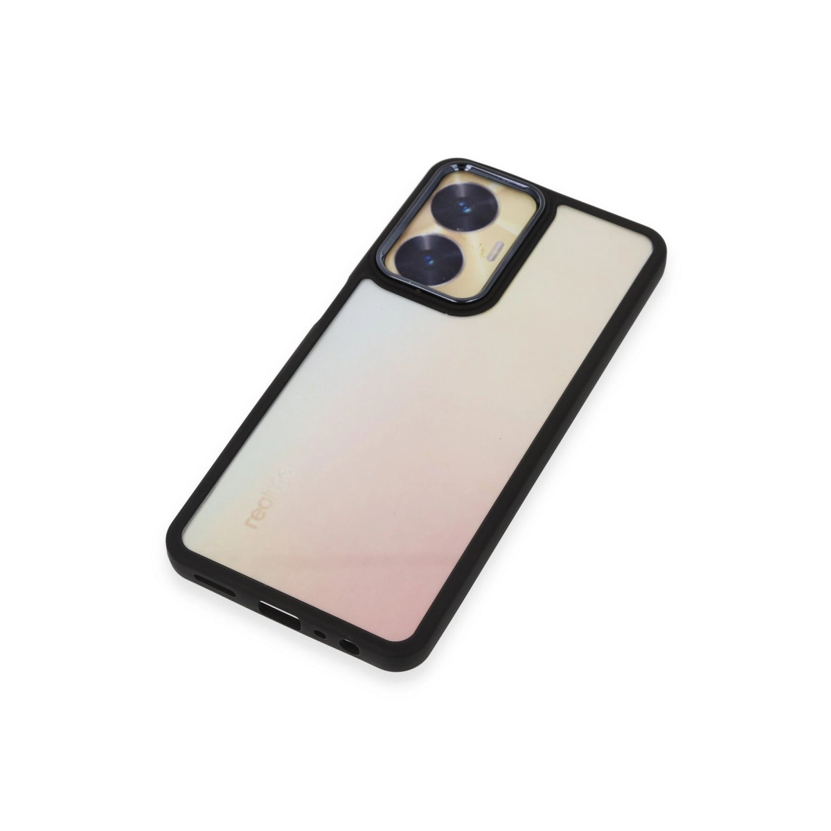 İki kameralı, siyah çerçeveli şeffaf telefon kılıfı.