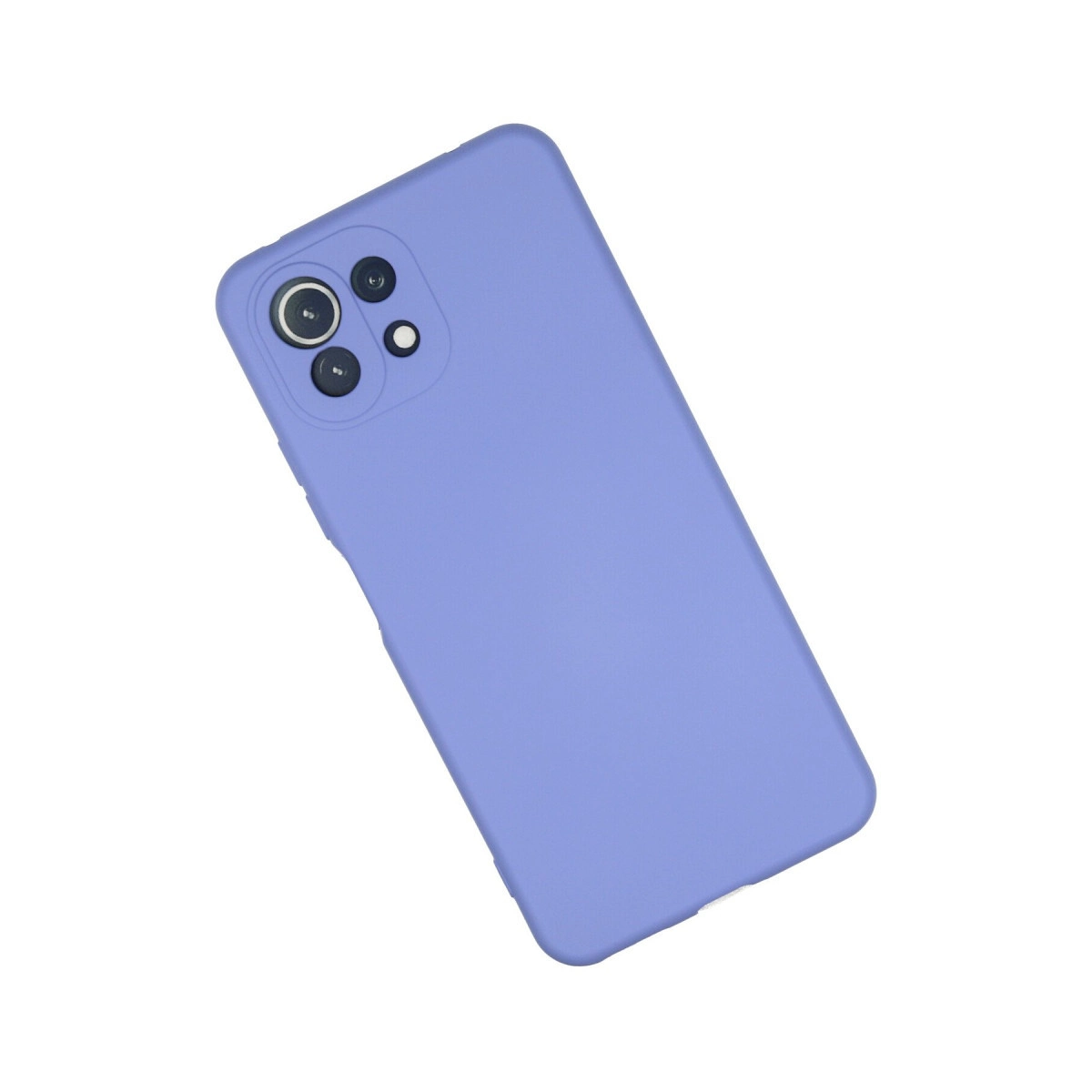 Kamera modülü gösteren, beyaz arka plan üzerinde leylak rengi telefon kılıfı.