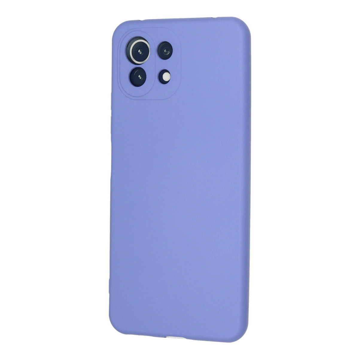 Arkada dörtlü kamera oyuğuna sahip lavanta rengi telefon kılıfı.