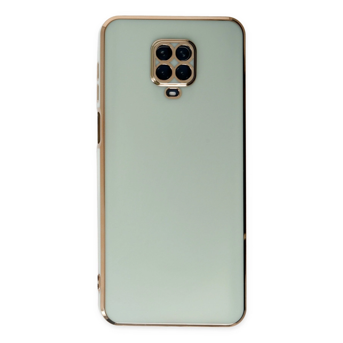 Dört kameralı, altın kenarlı açık yeşil telefon kılıfı.