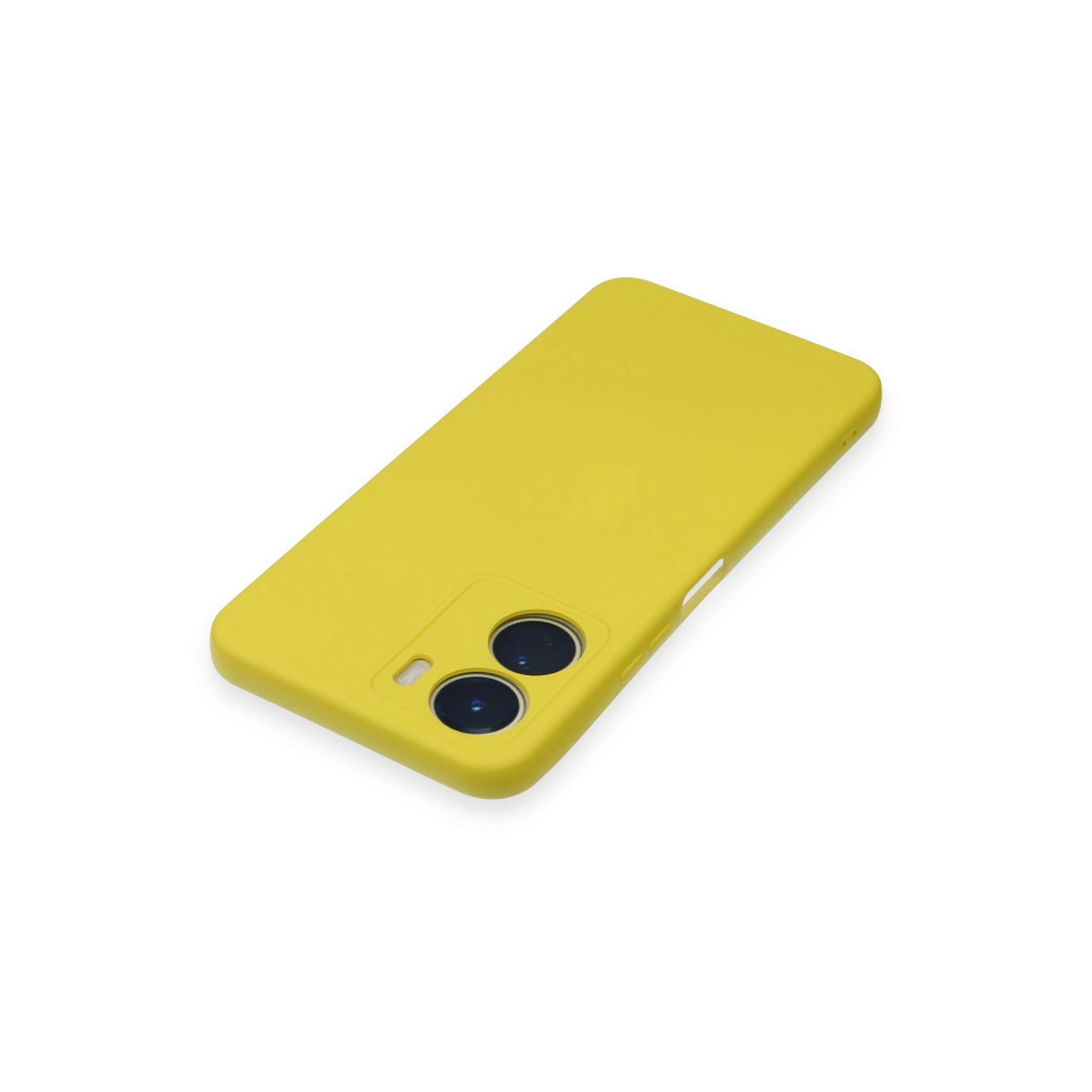 Arkada iki kamera lensi olan sarı telefon kılıfı, beyaz arka plan.