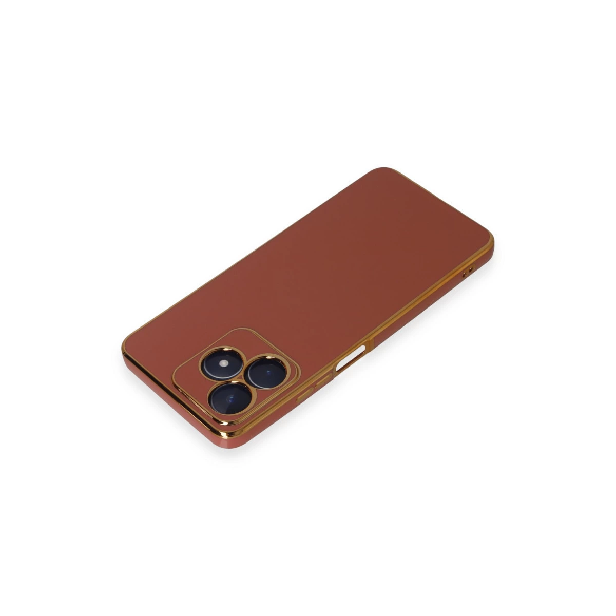 Altın kenarlıklı kahverengi telefon kılıfı, beyaz arka planda.
