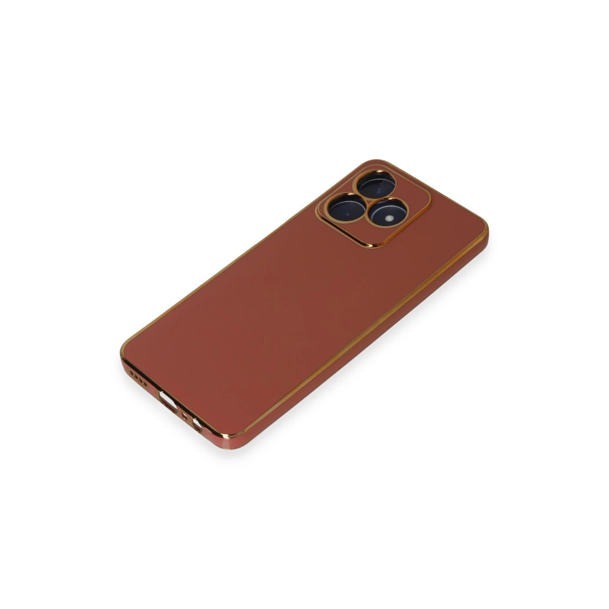 Üç kamera lensli ve altın kenarlıklı kahverengi telefon kılıfı.
