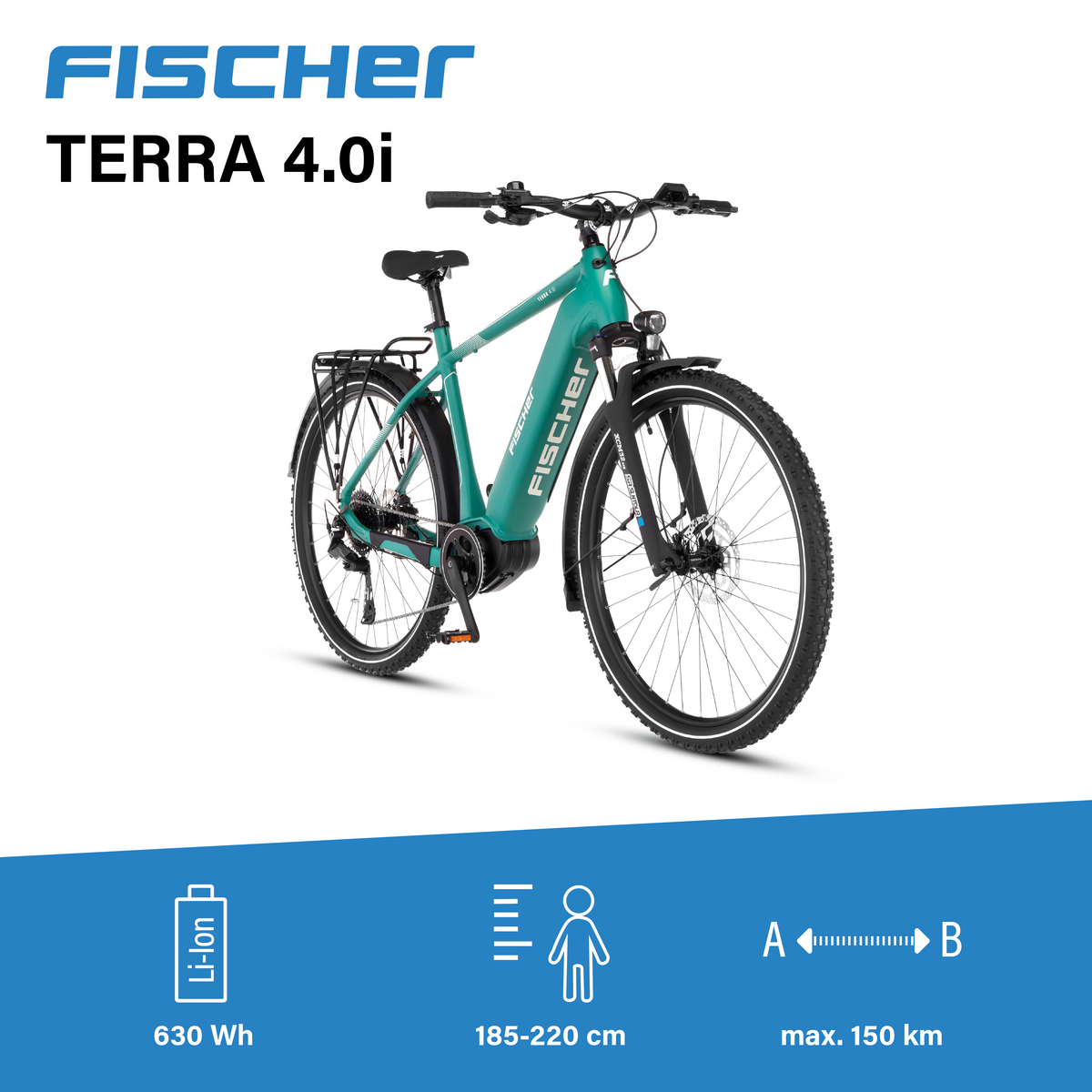 Ein teal Fischer Terra 4.0i E-Bike mit Gepäckträger, weißer Hintergrund.