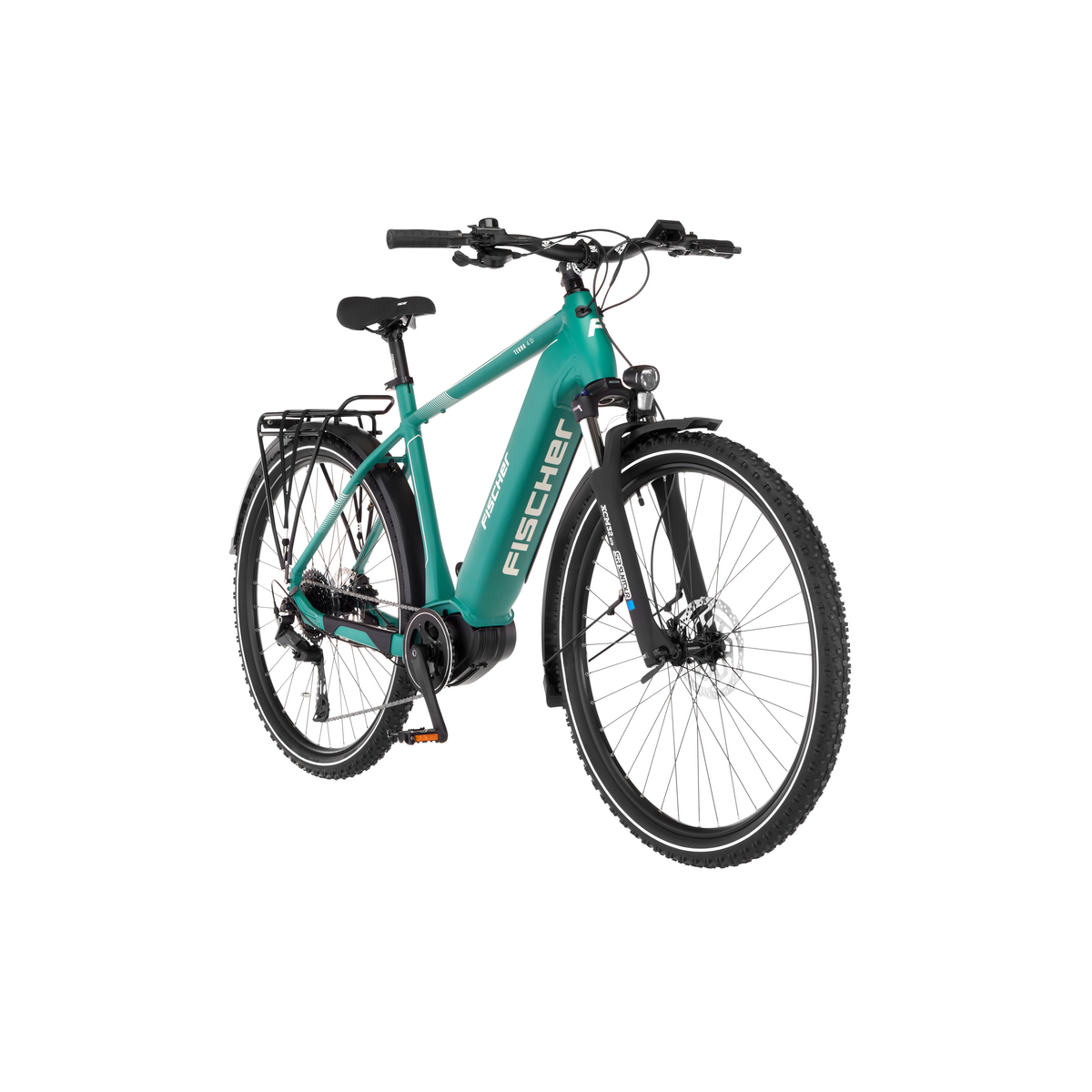 Ein türkisfarbenes Fischer E-Bike mit Gepäckträger, Vorderlicht und Federgabel.