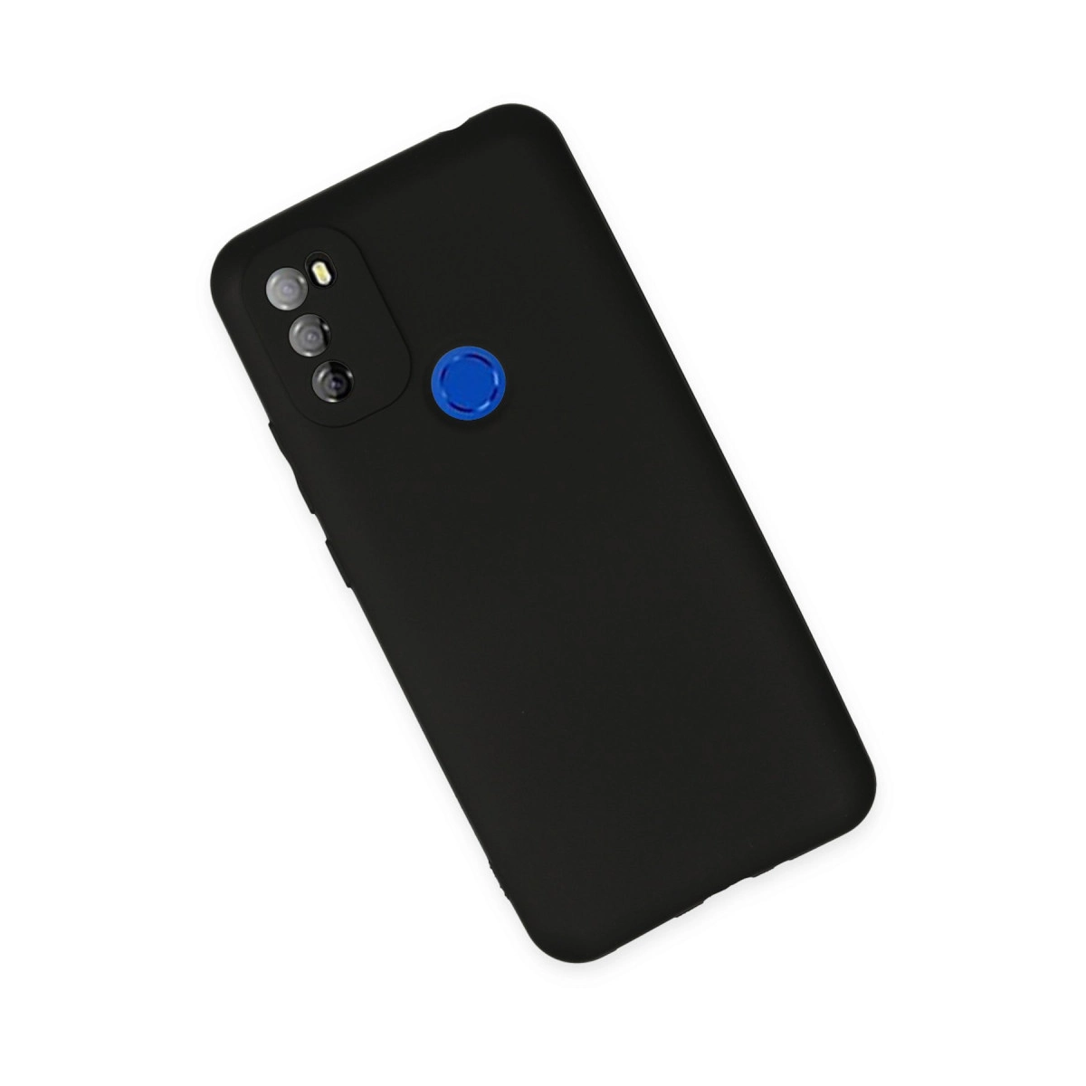Üçlü kamera ve mavi parmak izi sensörlü siyah telefon kılıfı.