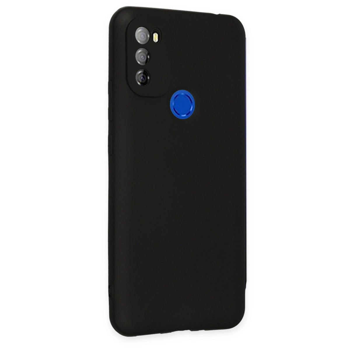 Üç kameralı ve mavi parmak izi sensörlü siyah telefon kılıfı.