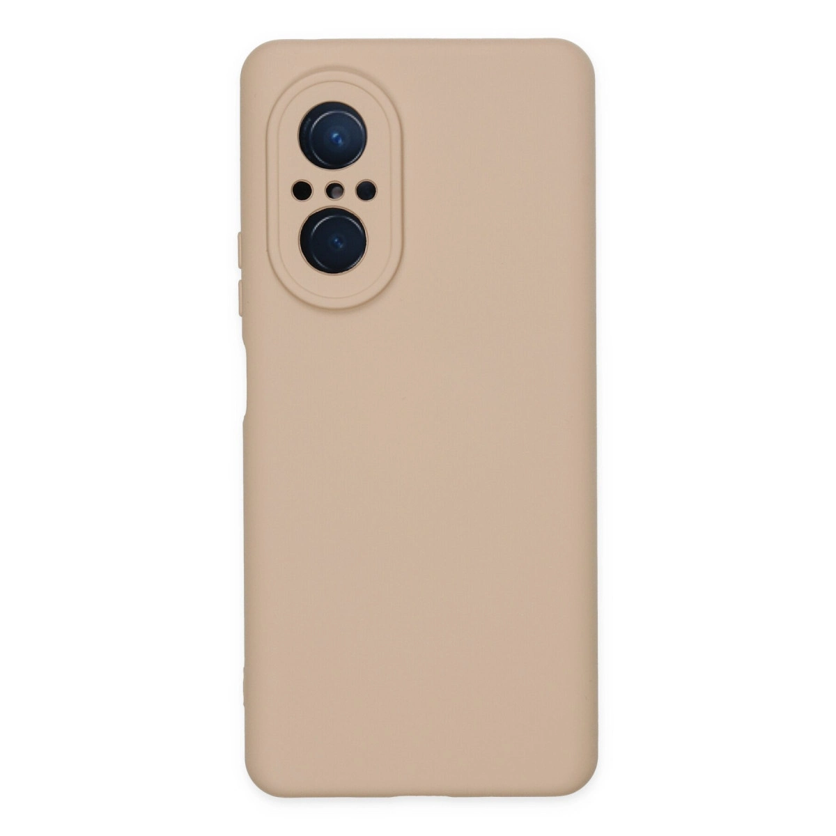 İki lensli oval kamera modülüne sahip açık kahverengi telefon kılıfı.