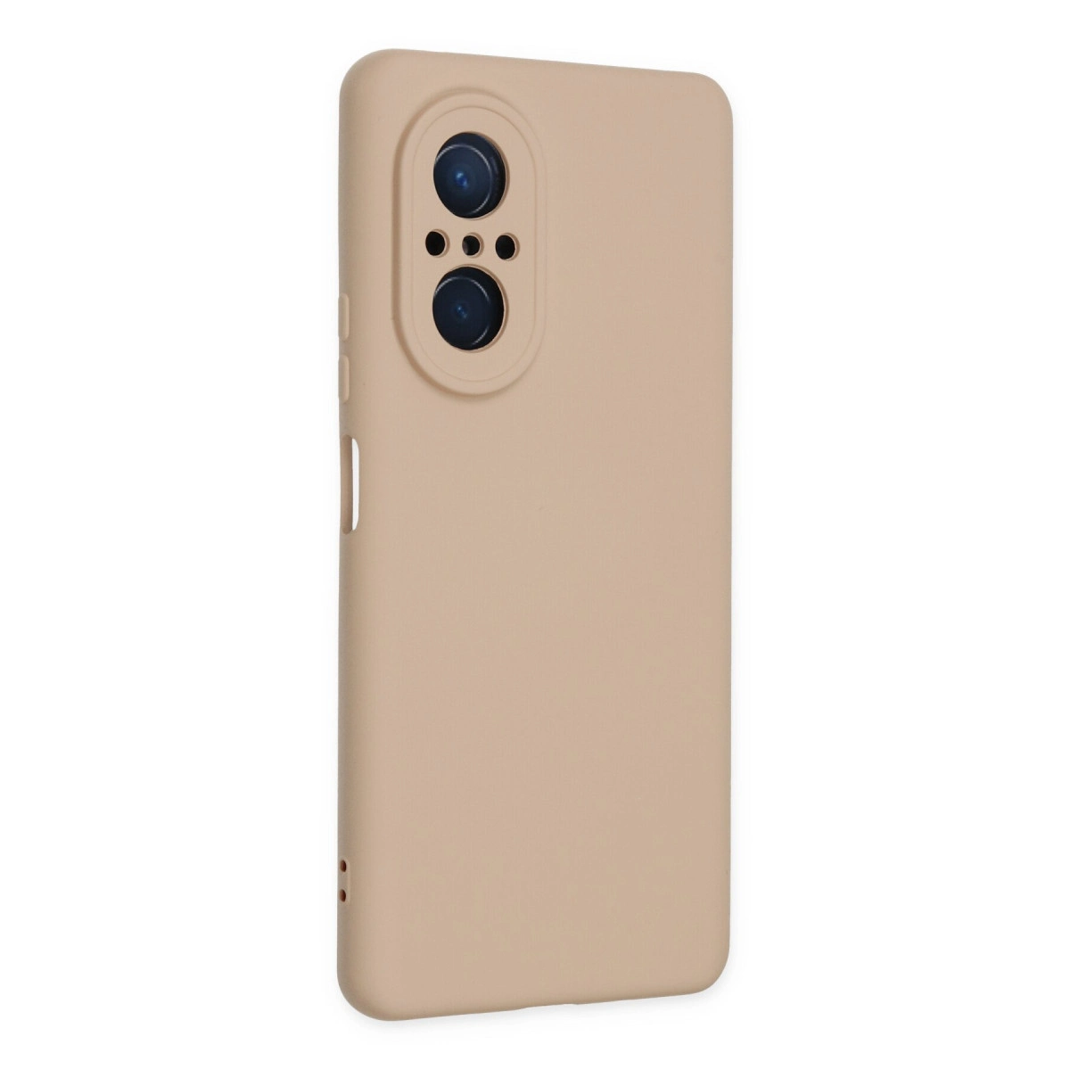 Kamera lensi açıklığı ve üç küçük delikli bej telefon kılıfı.