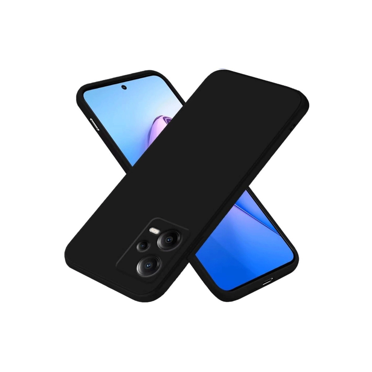 İki siyah telefon kılıfı, üst üste gelmiş, beyaz arka plan önünde.