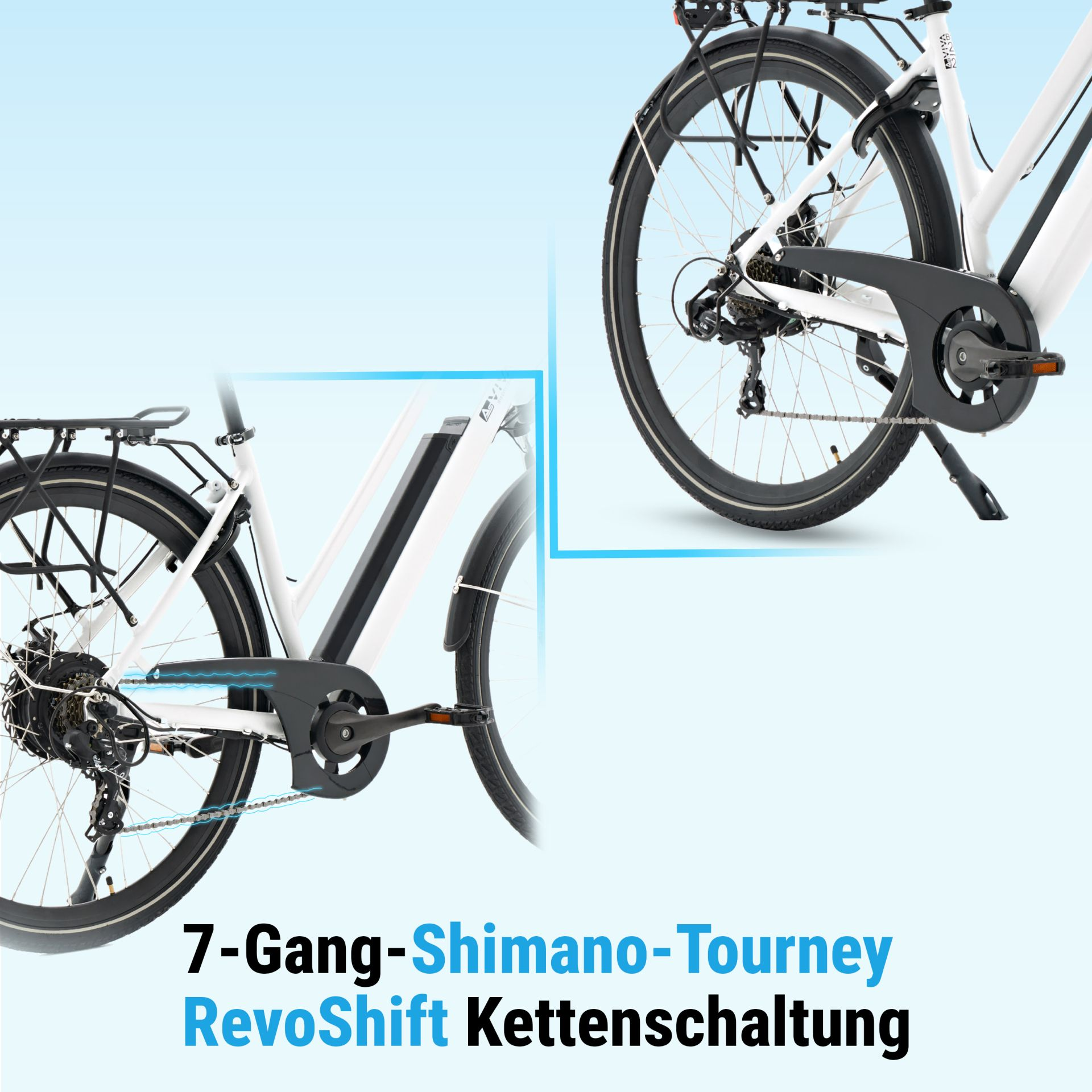 Nahaufnahme eines weißen Fahrrads mit Kettenschaltung und Gepäckträger.