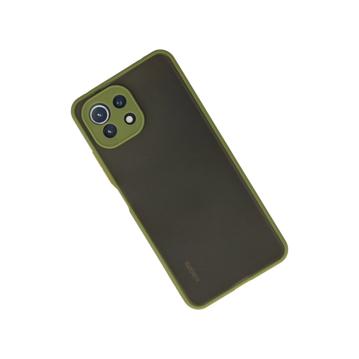 Beyaz arka plan üzerinde kamera modülü bulunan koyu yeşil telefon kılıfı.