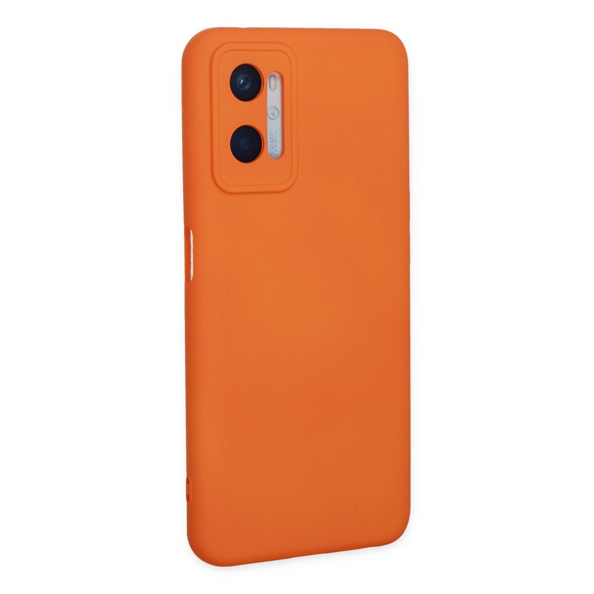 Kamera kesimli turuncu telefon kılıfı, beyaz arka plan üzerinde.