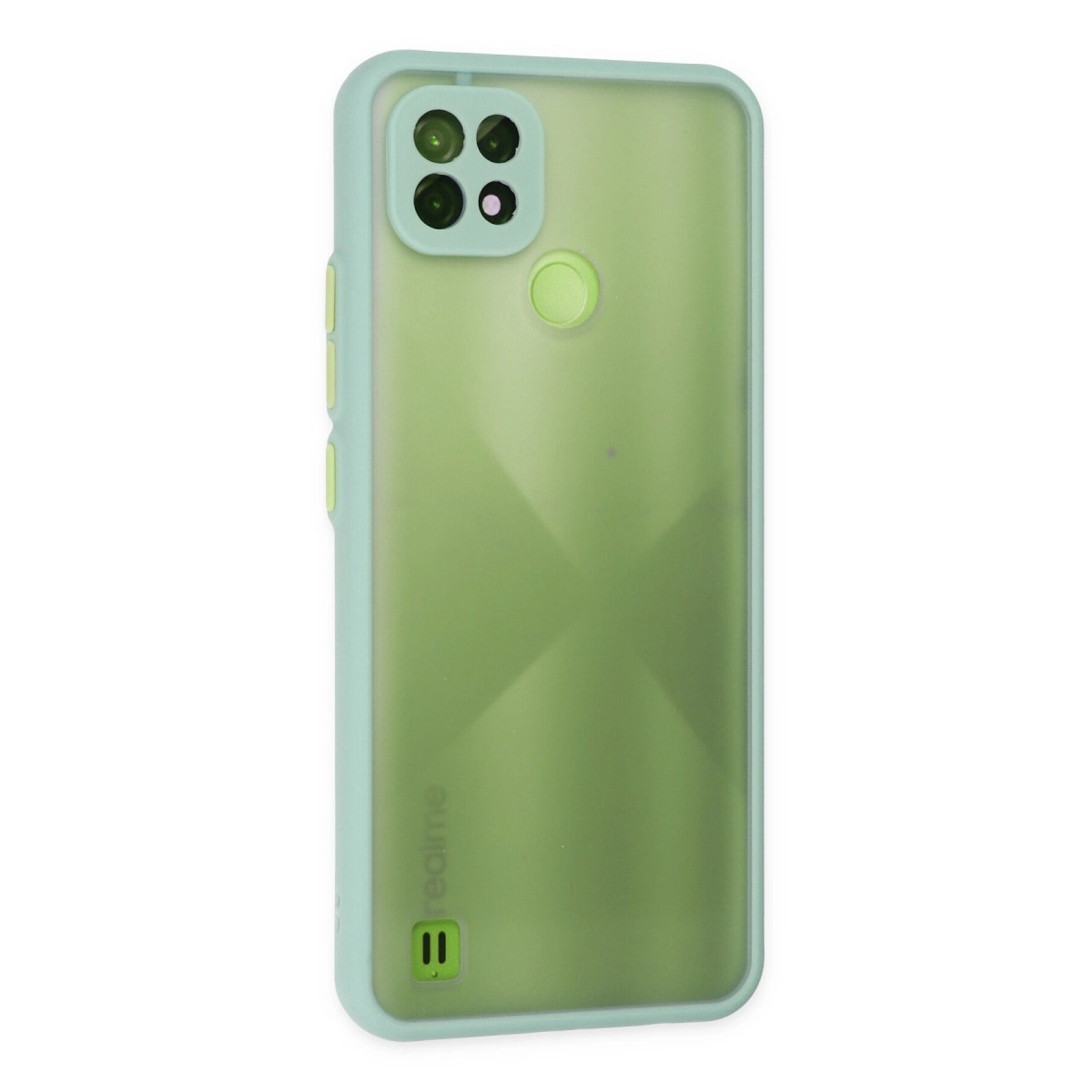 Kamera kesimli ve düğmeli yeşil telefon kılıfı.