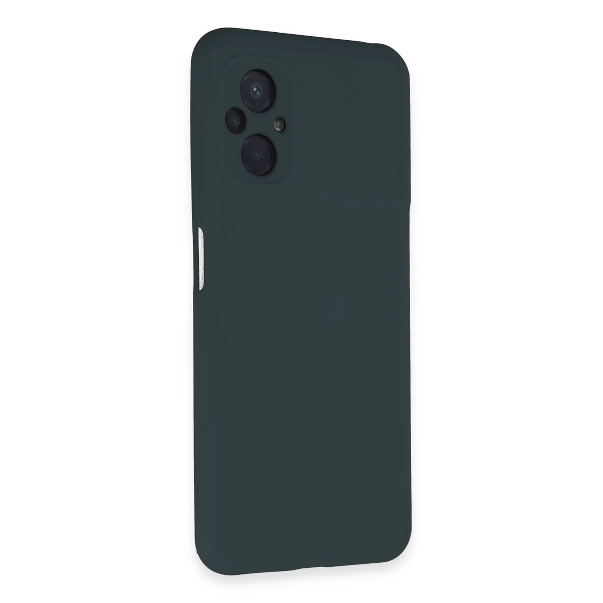 Arkada üç kamera lensli koyu gri telefon kılıfı.