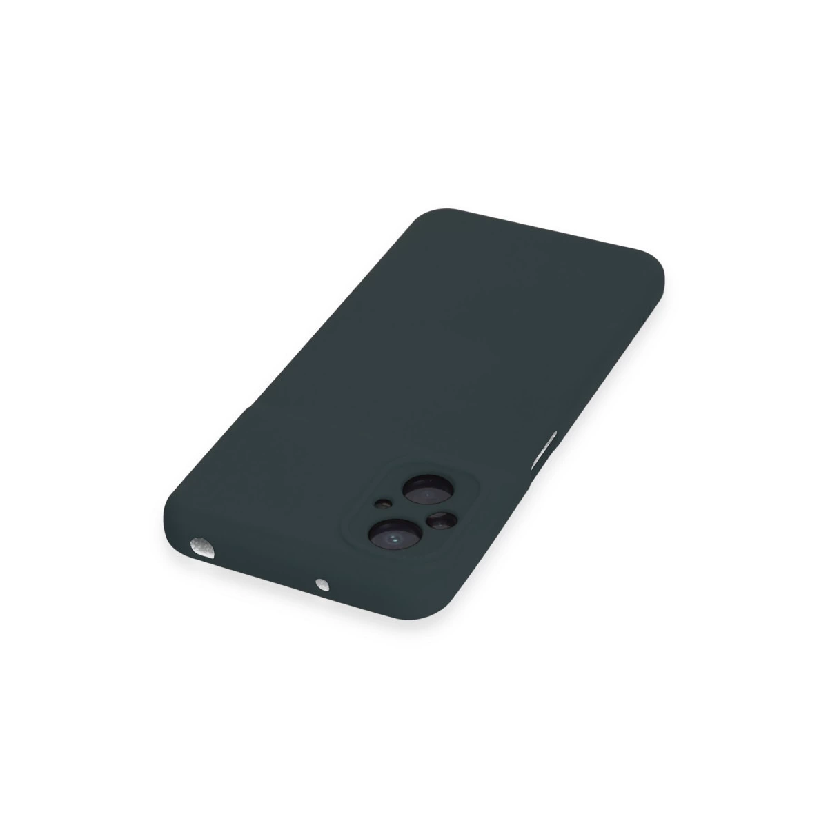 Koyu gri telefon kılıfı, beyaz zeminde kamera kesiği ile.