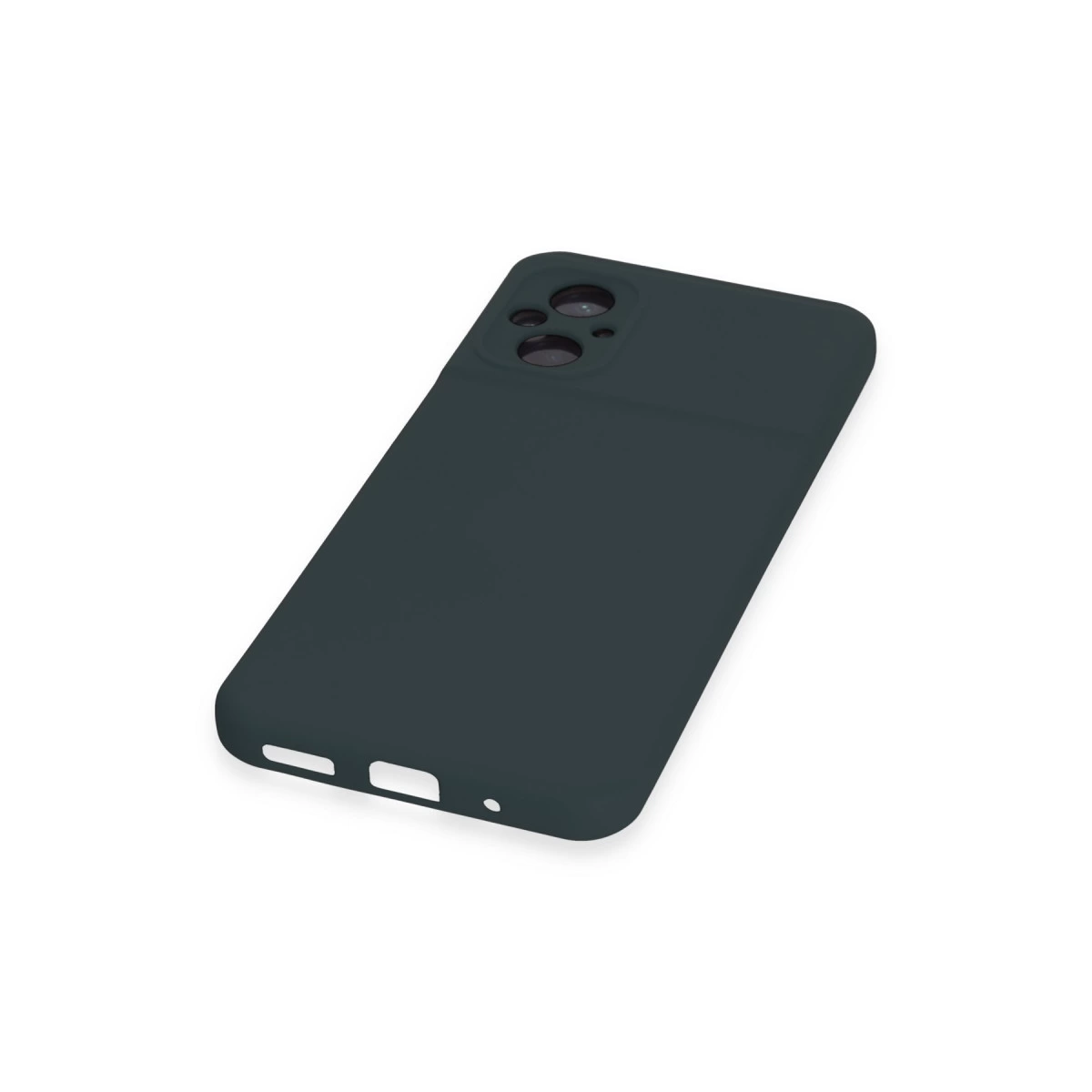 Üçlü kamera kesimli ve yan düğmeli koyu gri telefon kılıfı.