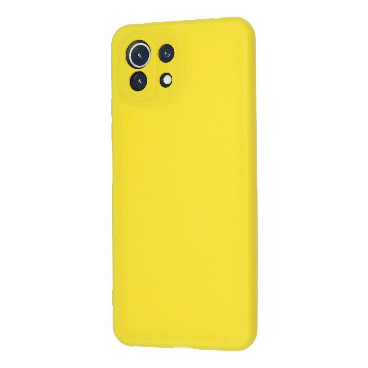 Arkada dört kamera lensi olan sarı bir telefon kılıfı.