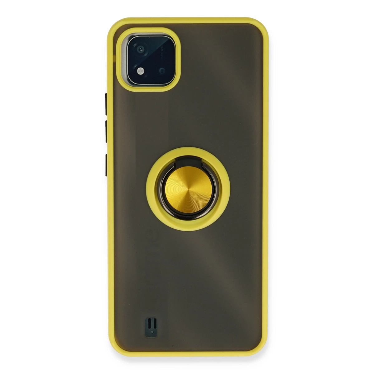 Sarı kenarlı, kameralı ve halka tutuculu koyu gri telefon kılıfı.
