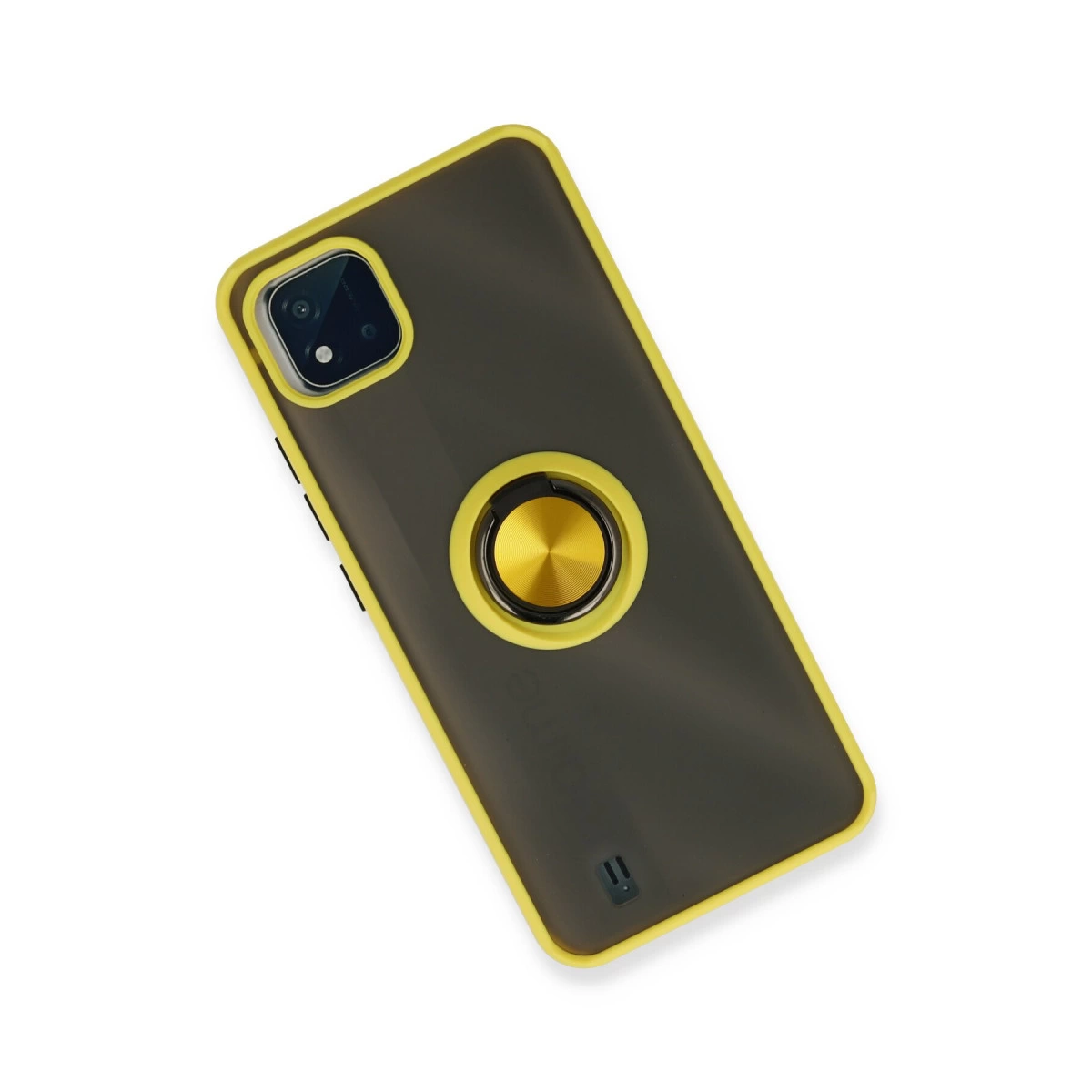 Sarı kenarlı ve altın halkalı tutuculu koyu gri telefon kılıfı.