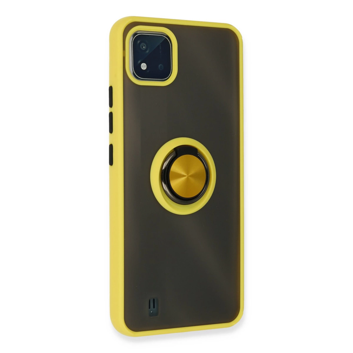 Sarı kenarlı ve altın halka tutuculu siyah telefon kılıfı.