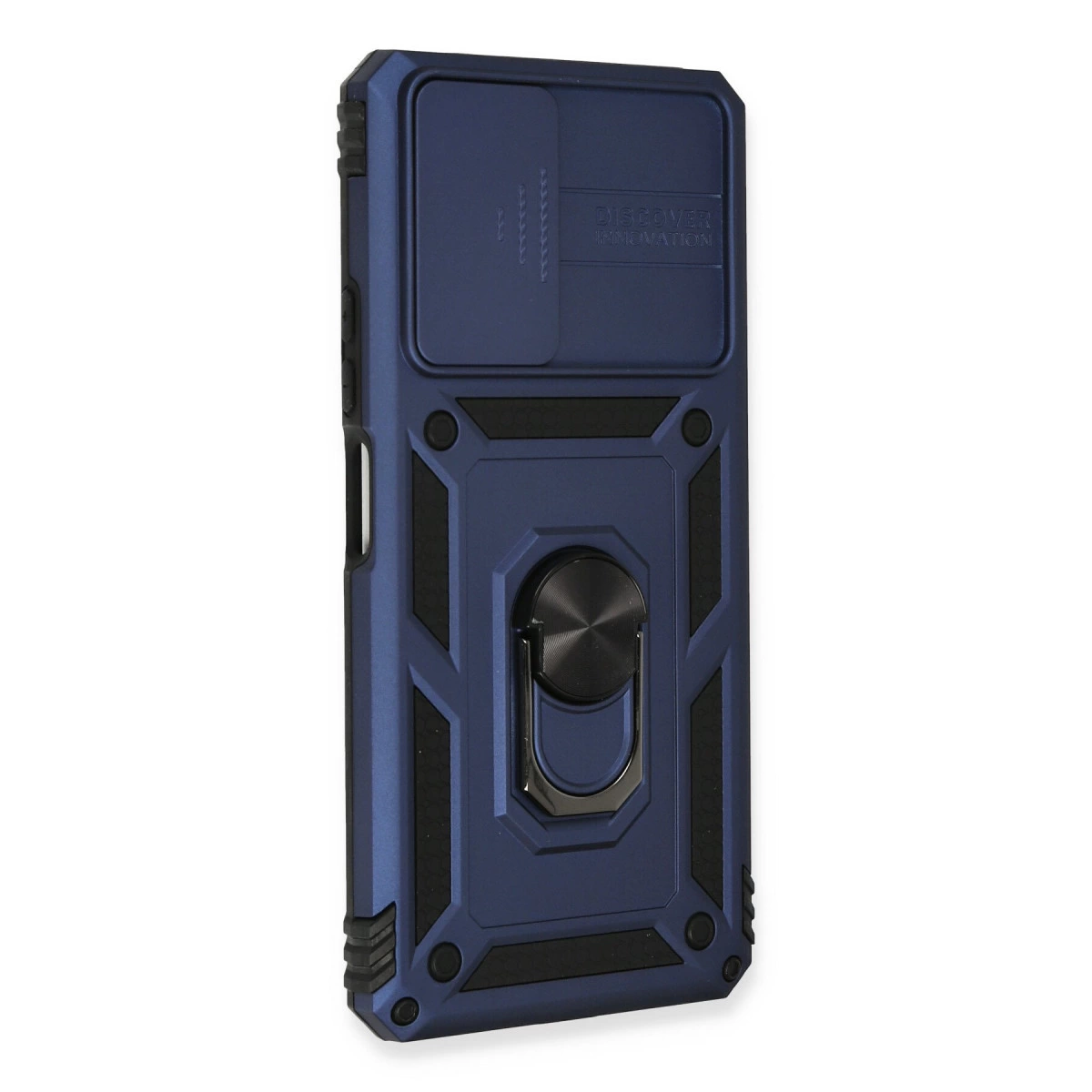 Koyu mavi telefon kılıfı, kaydırılabilir kamera kapağı ve halka tutuculu.