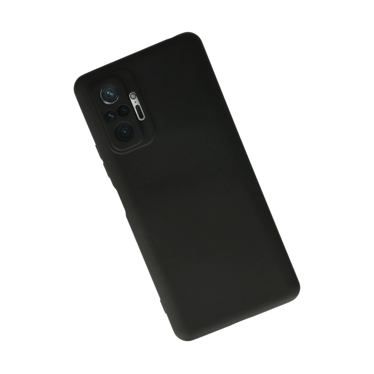 Arkada kamera modülü bulunan siyah akıllı telefon, beyaz zeminde.
