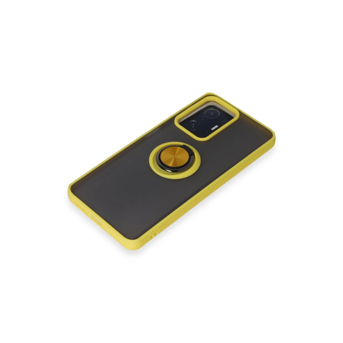 Sarı kenarlı ve altın halka tutuculu siyah telefon kılıfı.