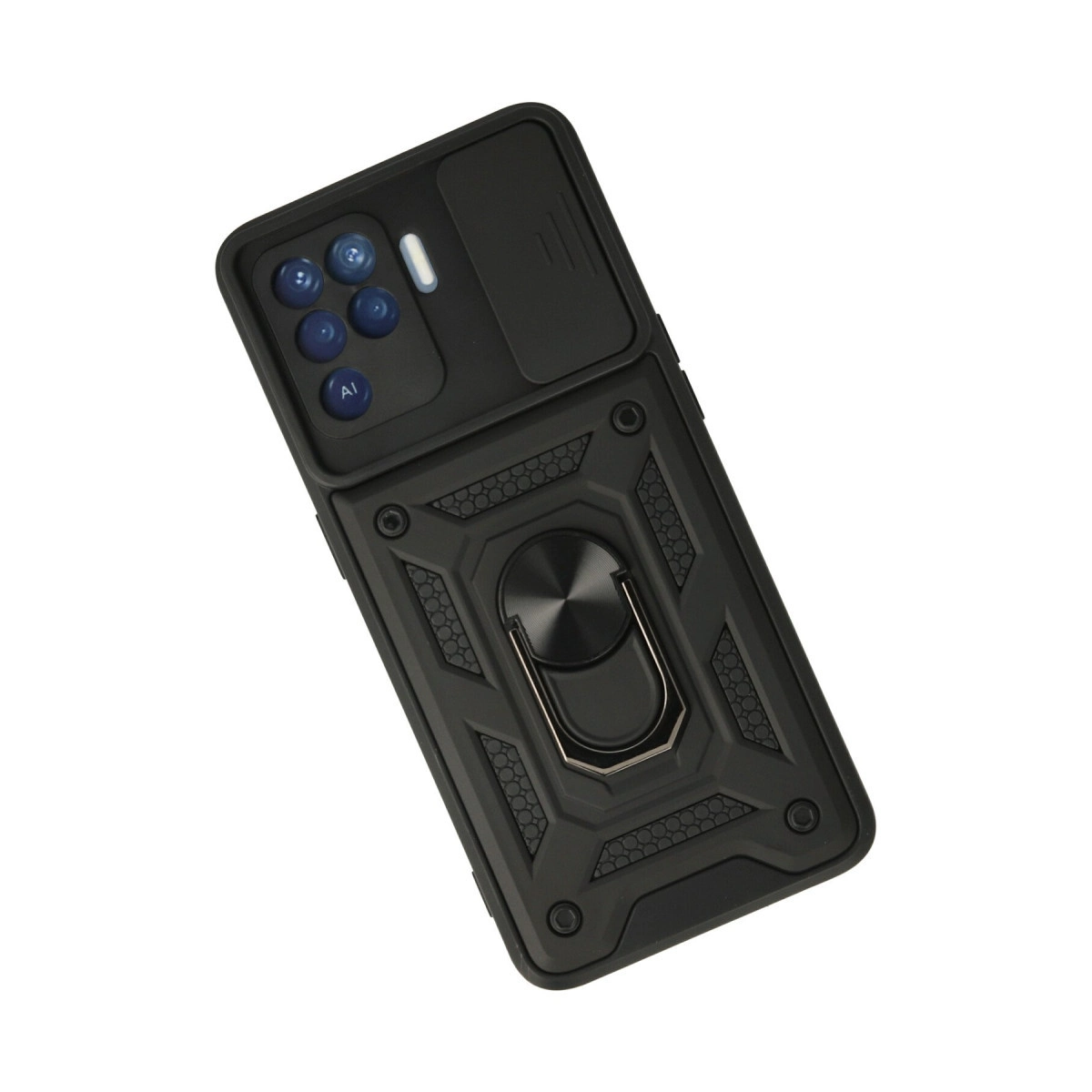 Kamera kapaklı ve halka tutuculu siyah telefon kılıfı.