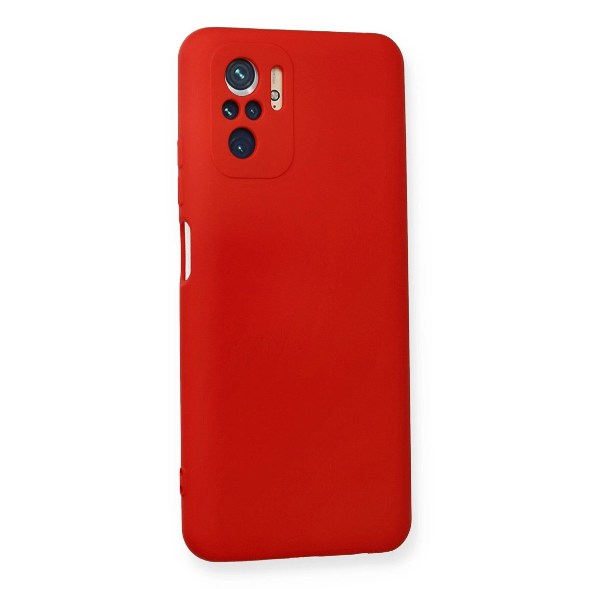 Kamera modüllü kırmızı telefon kılıfı beyaz zeminde.