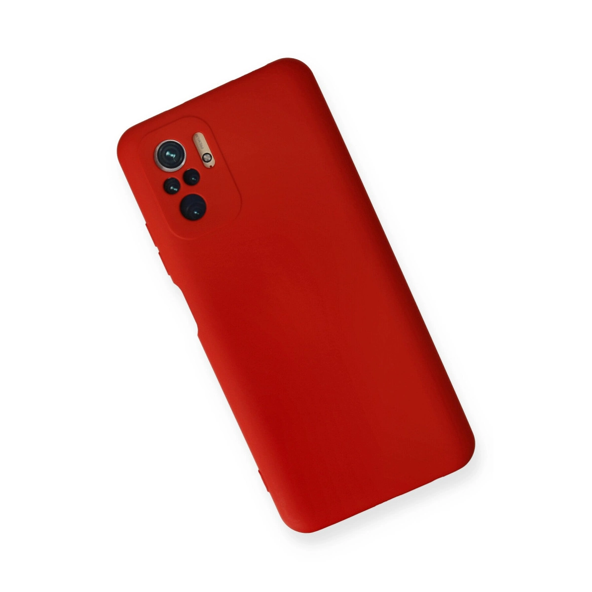 Kamera modüllü kırmızı telefon kılıfı, beyaz üzerinde.