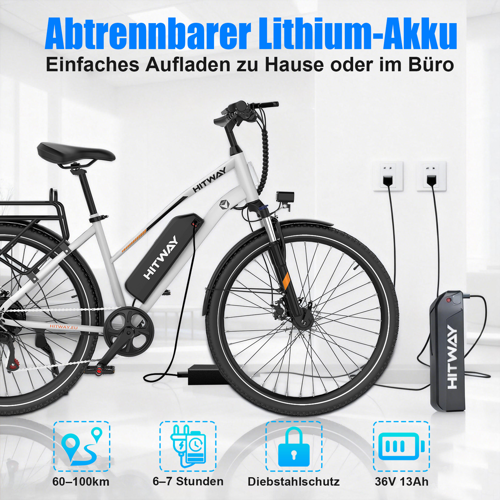 Ein weißes E-Bike wird mit einem schwarzen Akku geladen. Daneben sind Steckdosen.