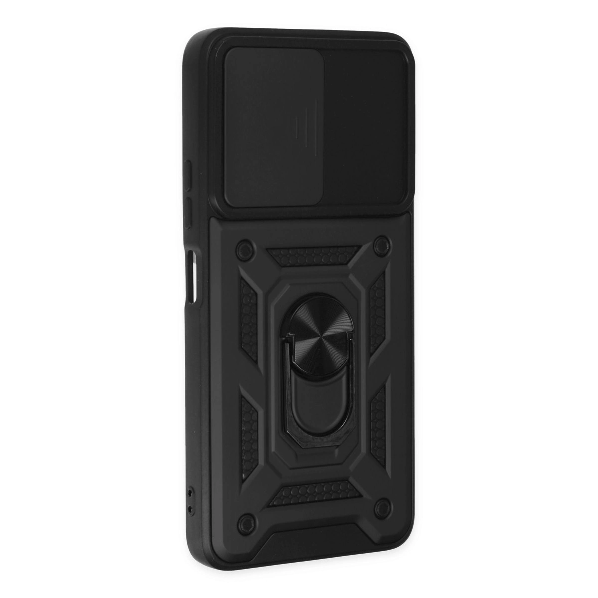 Halka tutuculu ve kayar kapaklı siyah telefon kılıfı.