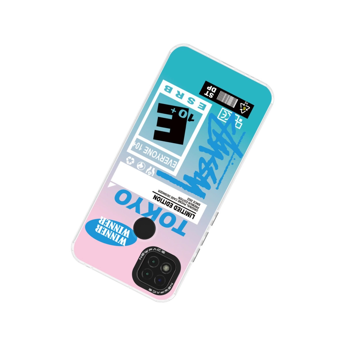TOKYO yazısı, ESRB derecelendirmesi ve pembe-mavi gradyan içeren telefon kılıfı.