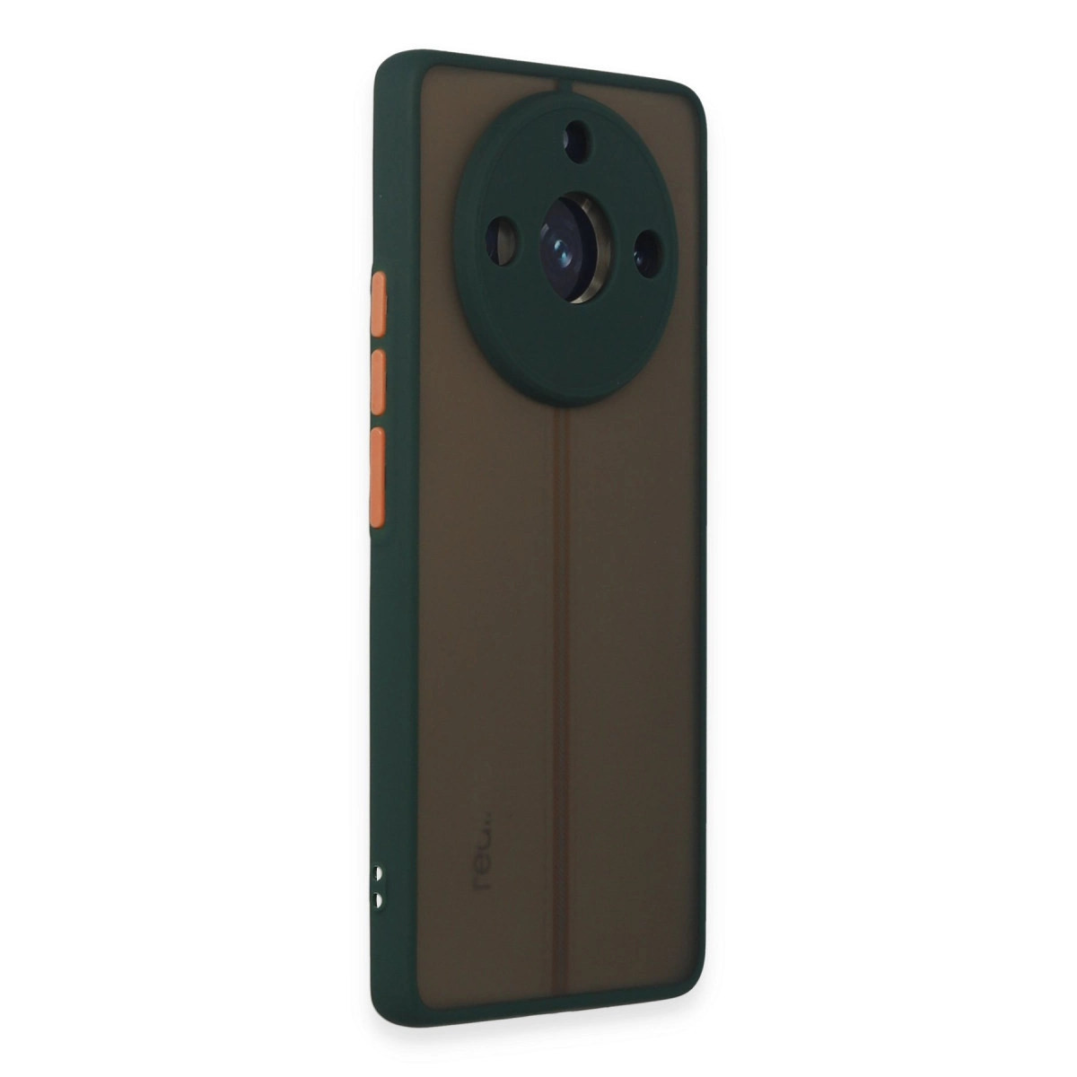 Kahverengi yarı saydam arka üzerinde yuvarlak kamera modülüne sahip koyu yeşil telefon kılıfı.