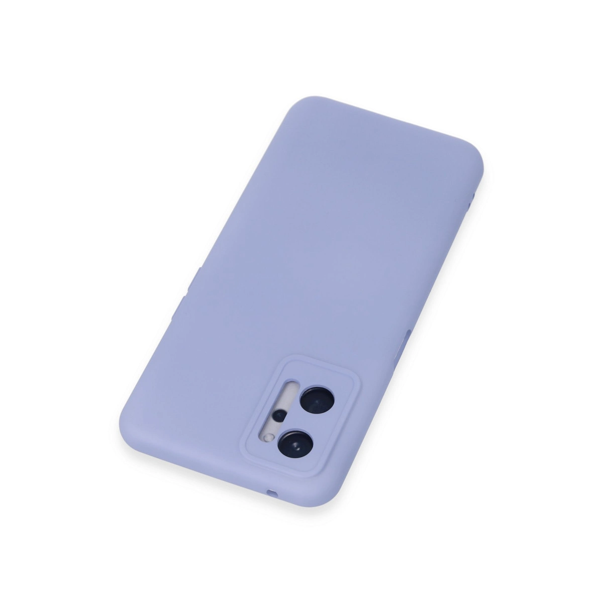 Beyaz arka plan üzerinde kamera modüllü lavanta rengi telefon kılıfı.