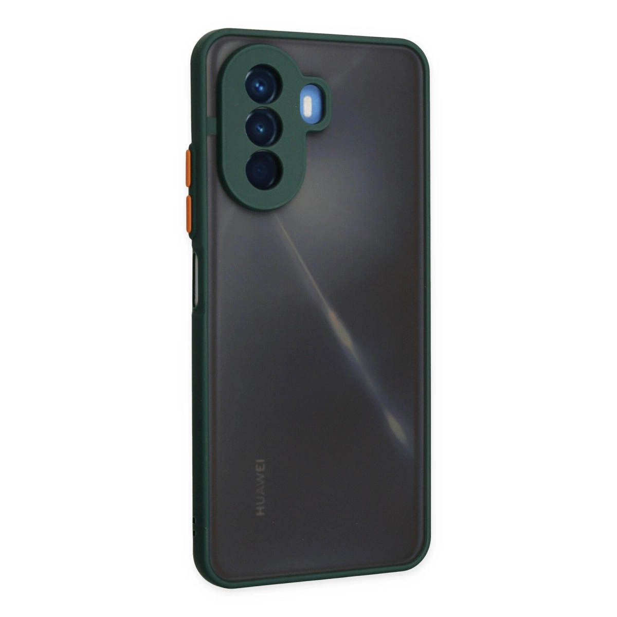 Üçlü kamera açıklığı ve Huawei logosu olan koyu yeşil telefon kılıfı.