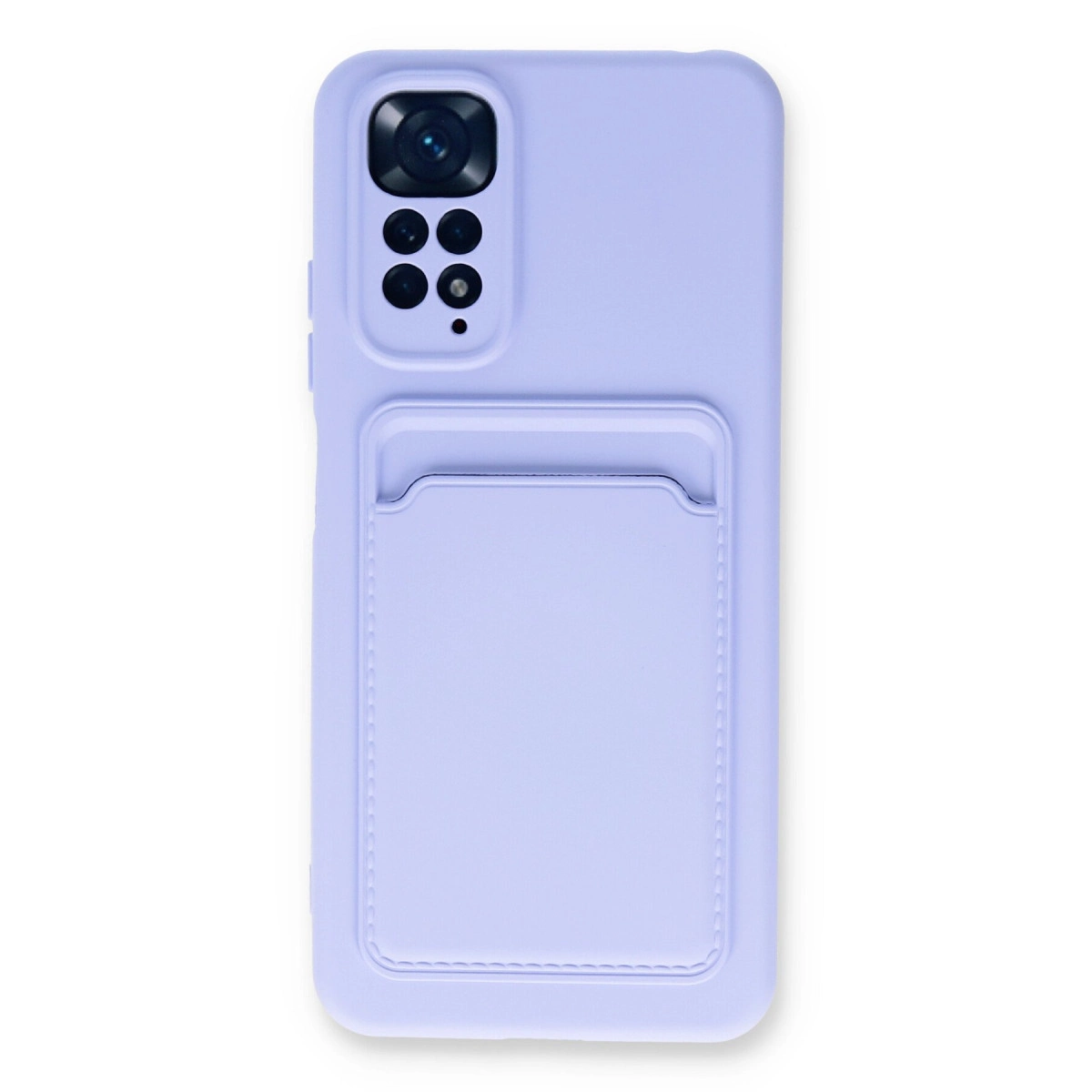 Kart yuvalı ve kamera modüllü açık mor telefon kılıfı.