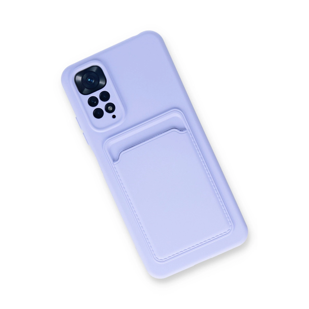 Beyaz arka plan üzerinde kart yuvası ve kamera kesiği olan açık mor telefon kılıfı.