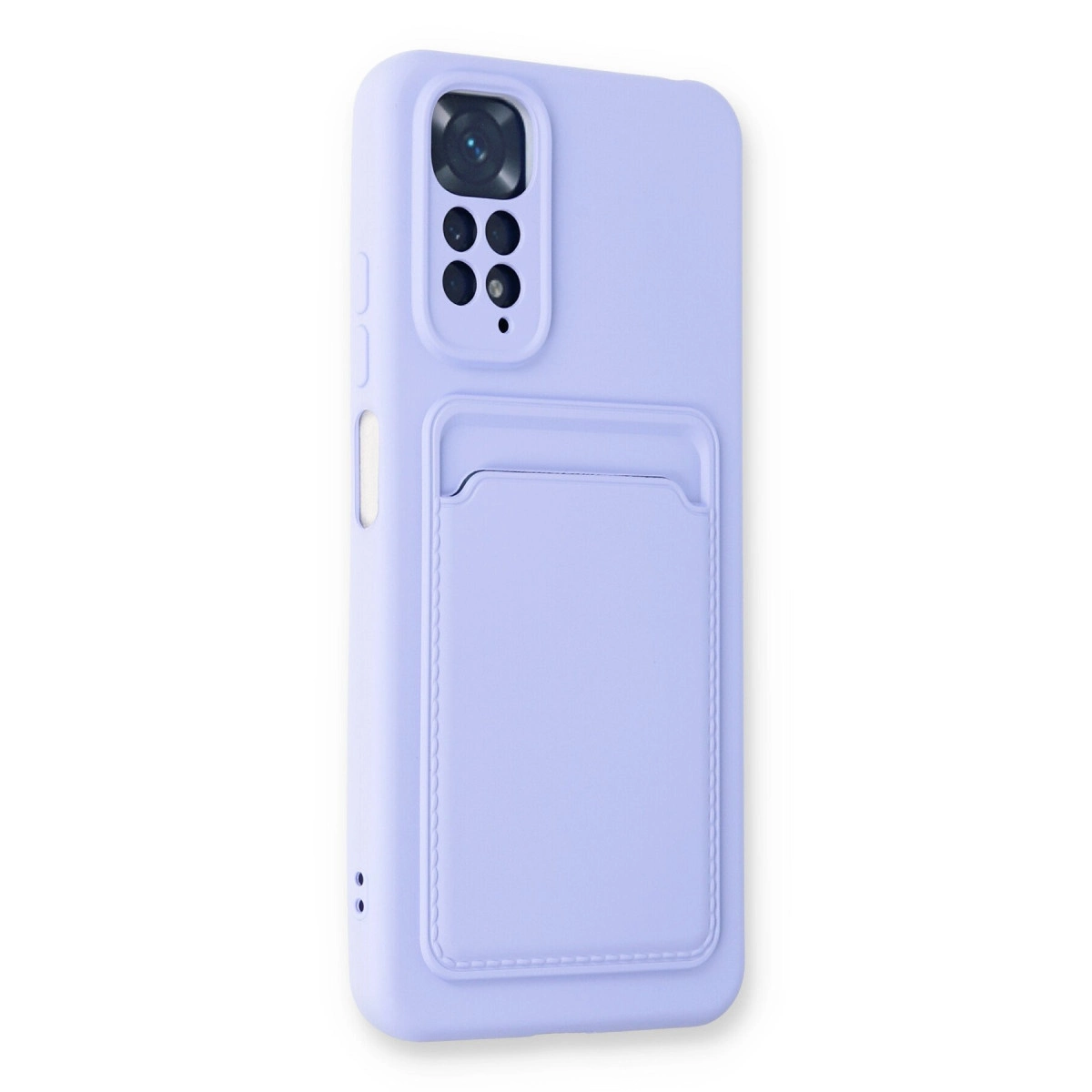 Açık mor telefon kılıfı, kart yuvası ve kamera modülü, beyaz arka plan üzerinde.