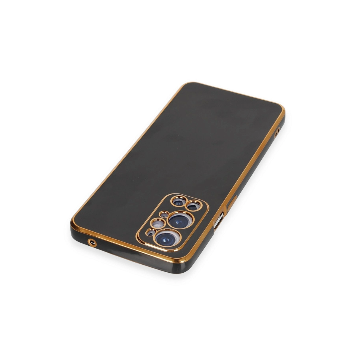 Altın kenarlı ve kamera oyuntulu siyah telefon kılıfı.