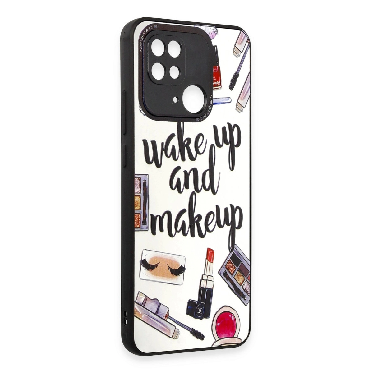 Üzerinde "Wake up and makeup" yazısı ve kozmetik çizimleri olan telefon kılıfı.