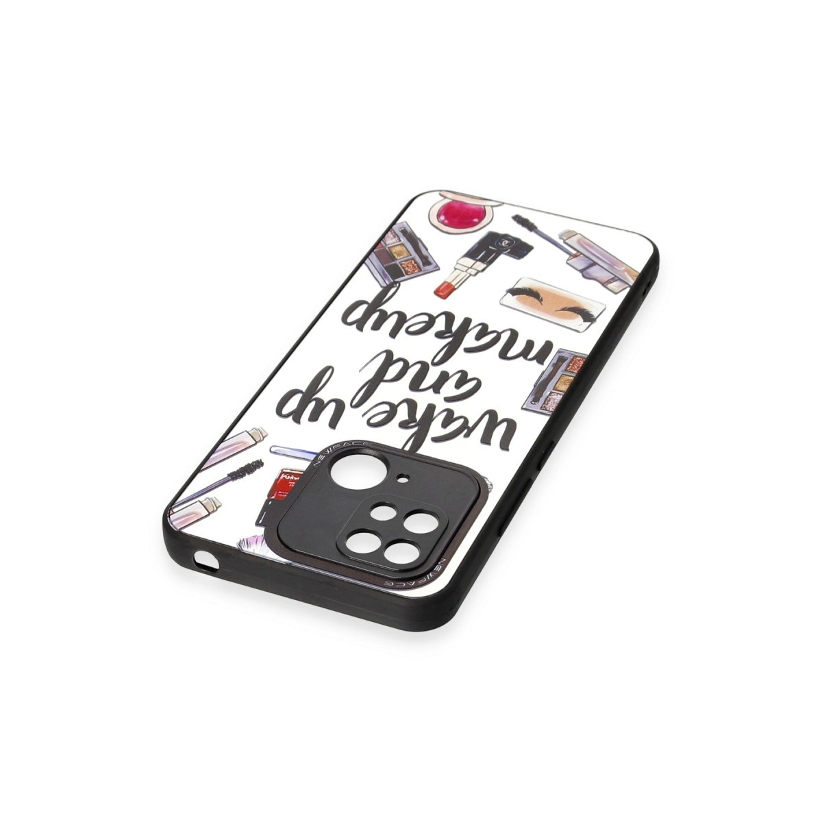 Makyaj çizimleri ve "wake up and makeup" yazılı telefon kılıfı.