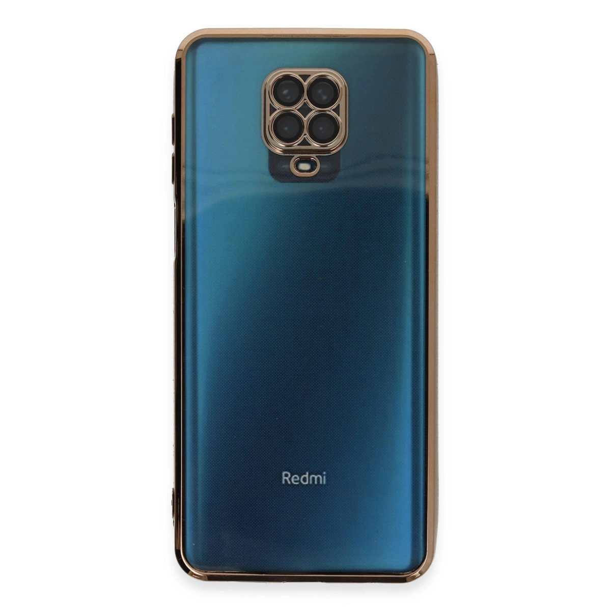 Dörtlü kamera ve altın çerçeveli mavi telefon, beyaz zeminde.