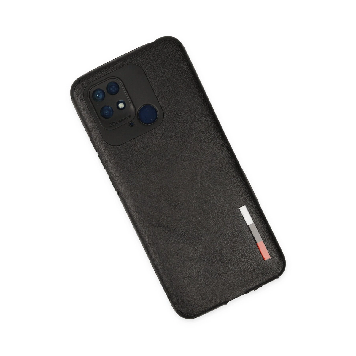 Kamera oyuntulu ve şerit detaylı siyah telefon kılıfı.