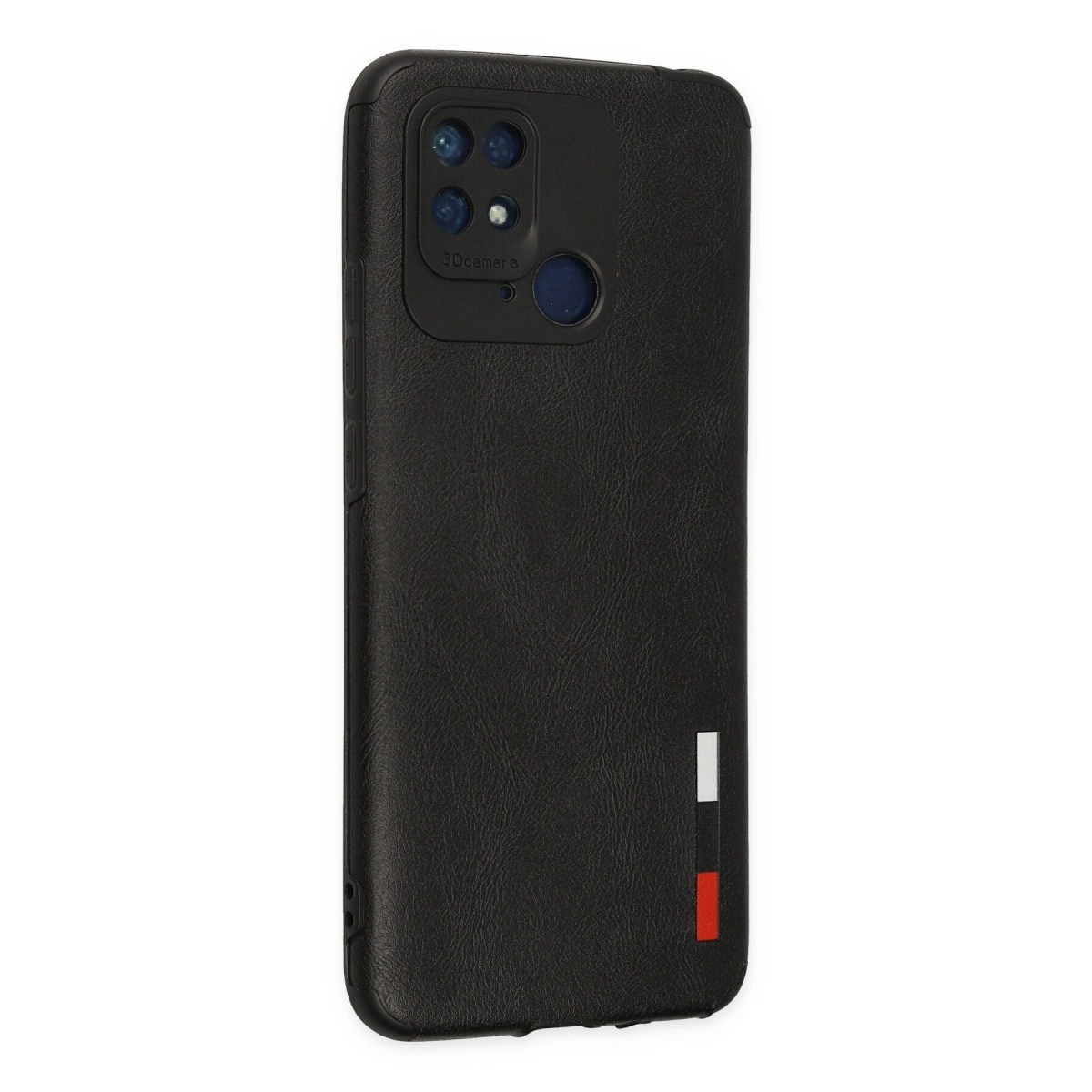 Kamera kesimli, üç dikey şeritli siyah telefon kılıfı.