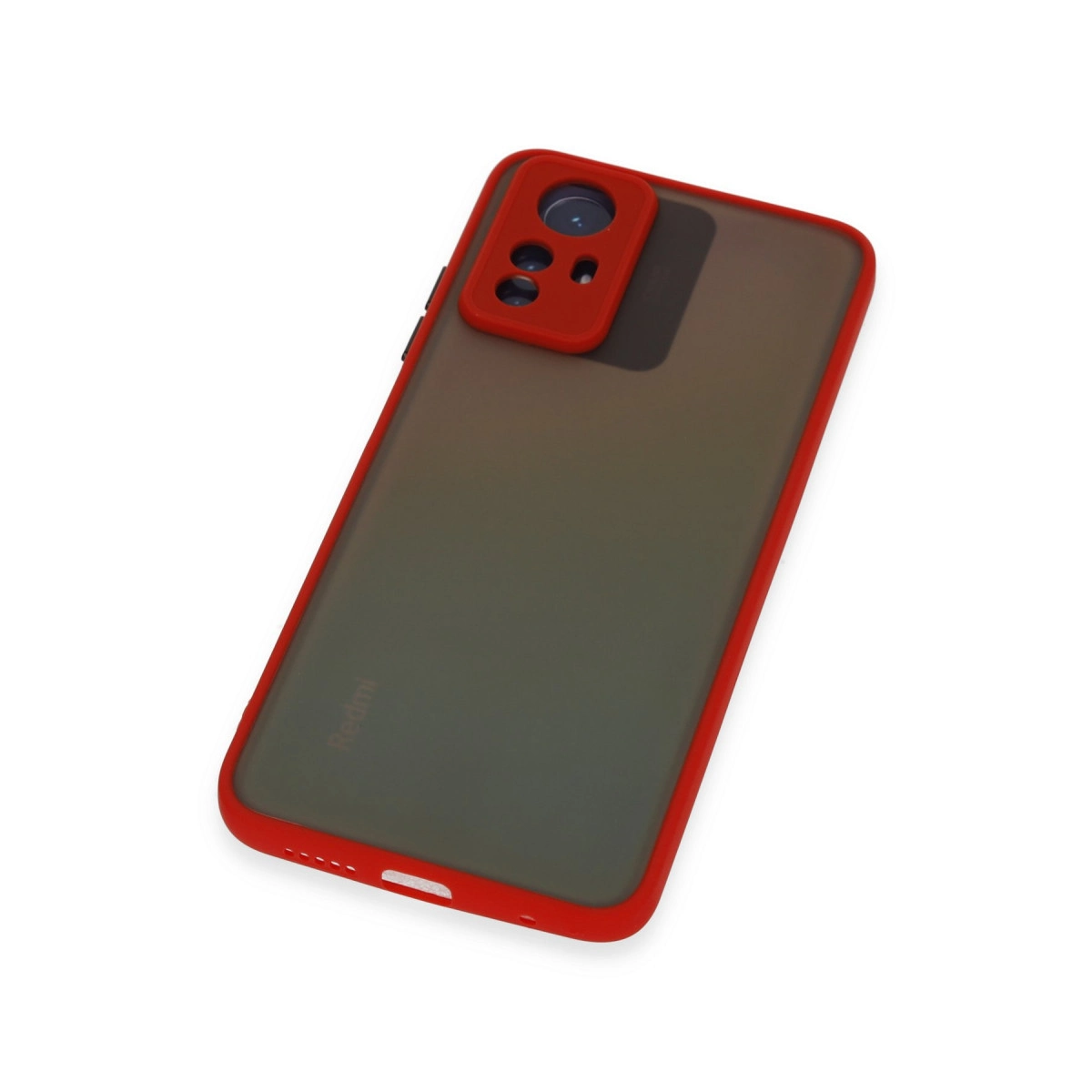 Buzlu arka ve kamera kesimli kırmızı telefon kılıfı.